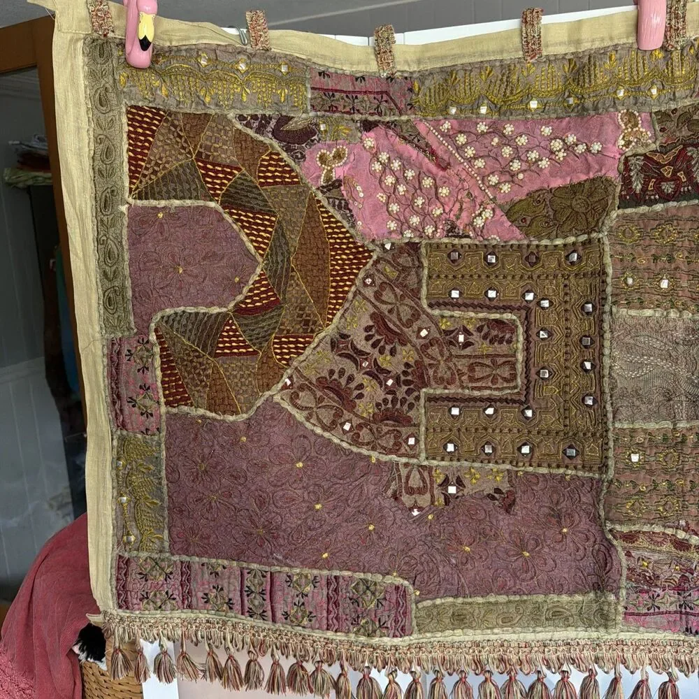 Vtg Indian Sari Patchwork Tapestry Wall Hanging Embroidered Zari Mirror 47x25